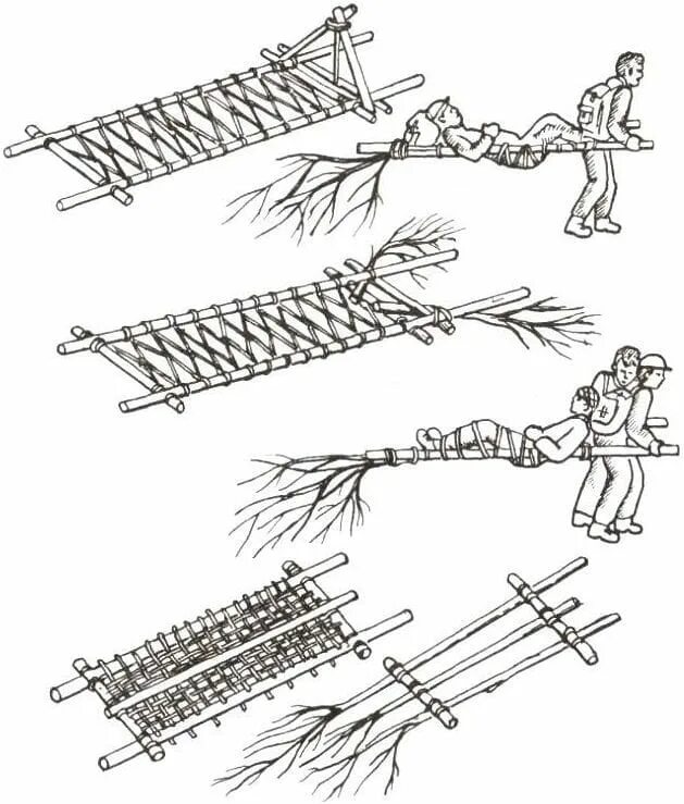 Полевые носилки. Носилки из подручных средств. Веревочные носилки.
