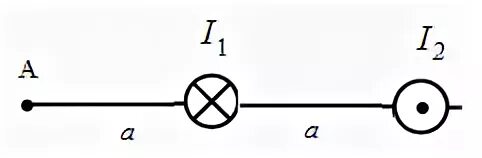 Три параллельных длинных. Поле создано двумя параллельными длинными проводниками с токами i1 i2. Вектор индукции результирующего поля в точке а направлен. Магнитное поле создано 2 длинными параллельными проводниками с током. Магнитное поле созданное двумя параллельными проводниками с токами i1.