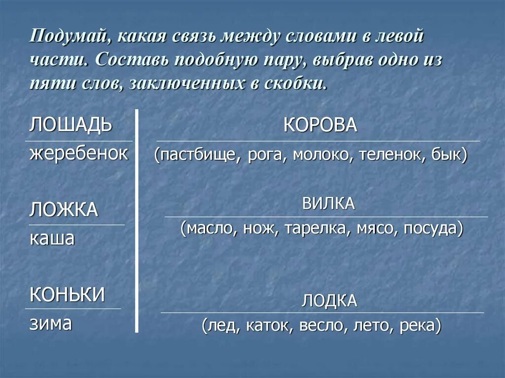 Составить похожий текст. Подумай какая связь между словами в левой части. Подумай какая связь между словами в левой части Составь подобную. Подумай какая связь между словами в левой части Составь подобную пару. Подумай какая связь между словами.