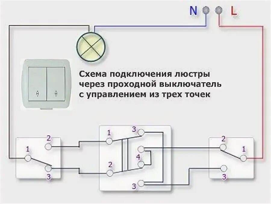 Как подключить лампочку на проходные выключатели. Подключение 3х проходных выключателей схема подключения. Схема подключения проходных выключателей на 3-х мест. Схема включения трех проходных выключателей. Схема соединения проходных выключателей из 3-х мест.