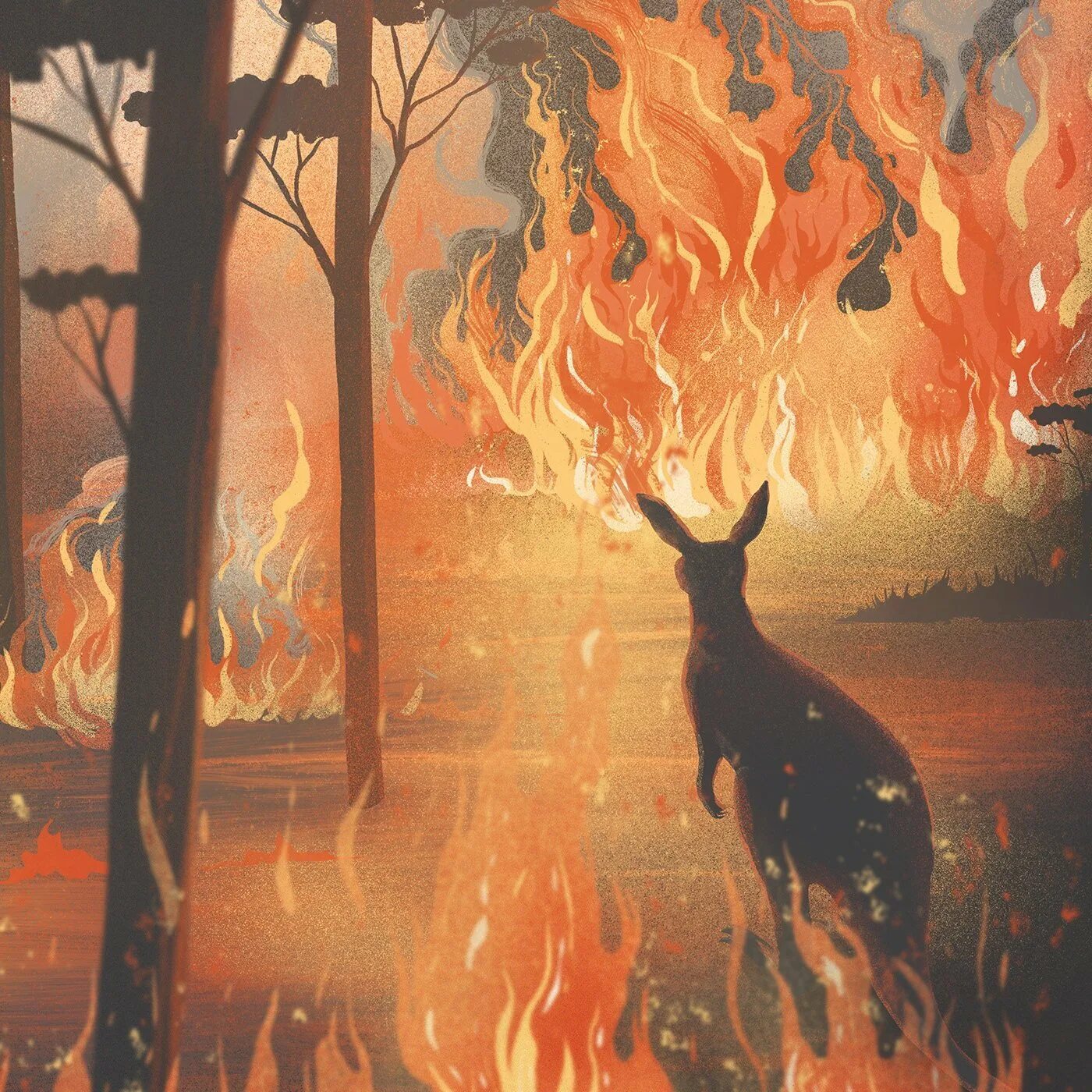 Пожар в лесу. Горящий лес. Огонь живопись. Горящий лес с животными.