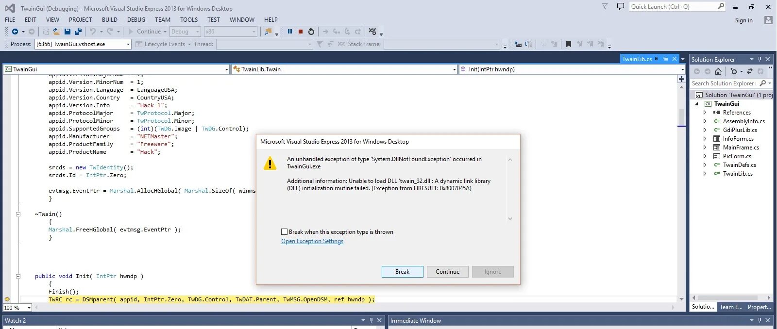 Failure build failed with an exception. Twain_32.dll. Visual Studio immediate Window. Twain_32 Twacker. Стандарт Twain что это.