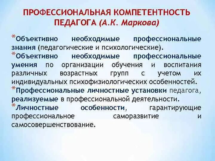 Индивидуальные профессиональные компетентности. Уровней компетентности учителя а.к. Марковой. А.К Маркова профессиональная компетентность учителя. Составляющие профессиональной компетентности педагога. Профессиональная компетентность по Марковой.