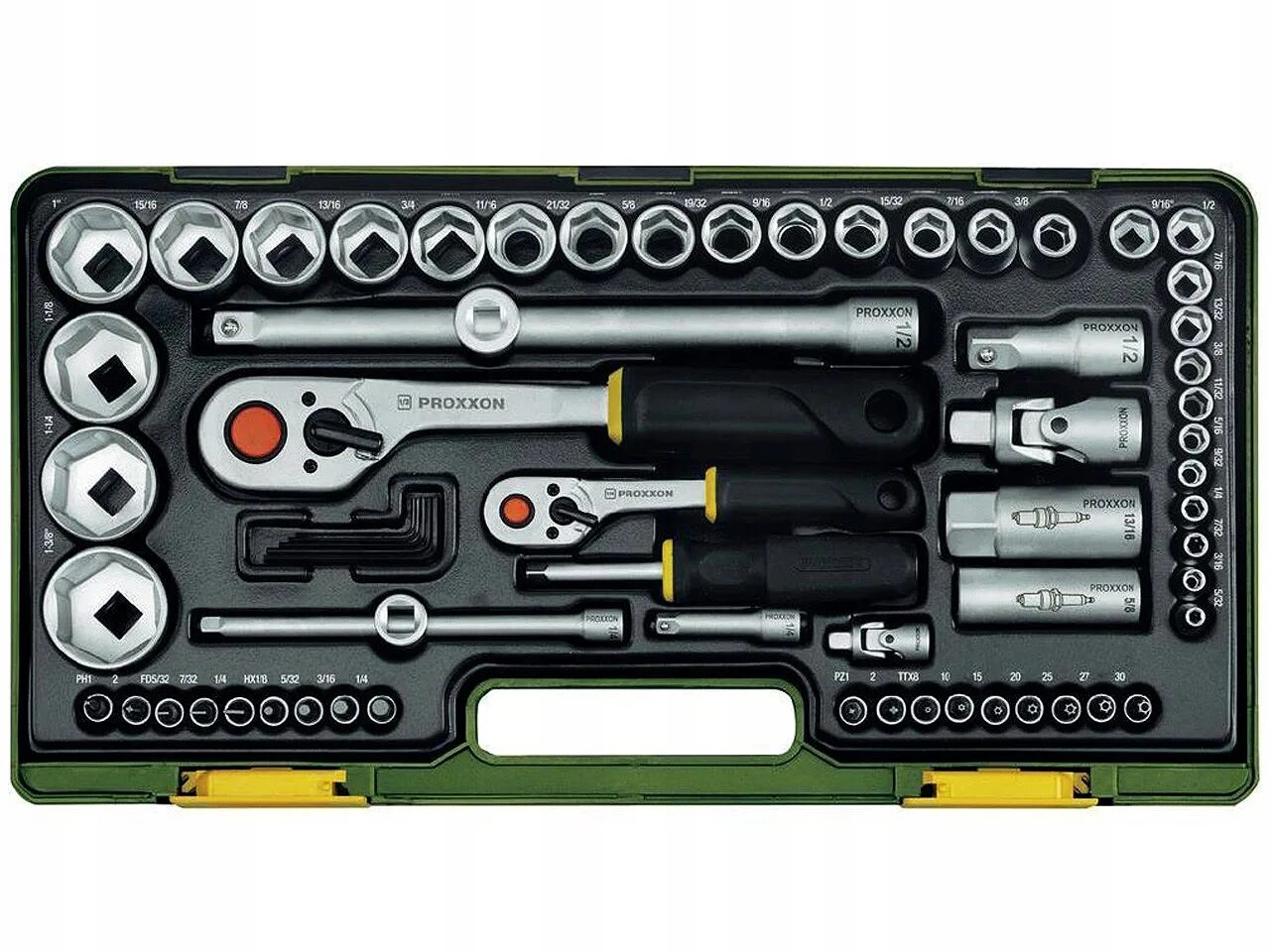 50. Набор с флажковыми трещотками (65 шт; 1/2"-1/4") Proxxon PR- 23286. Proxxon набор головок. Набор инструментов Proxxon Industrial. Proxxon набор головок с трещоткой. Полный набор 4