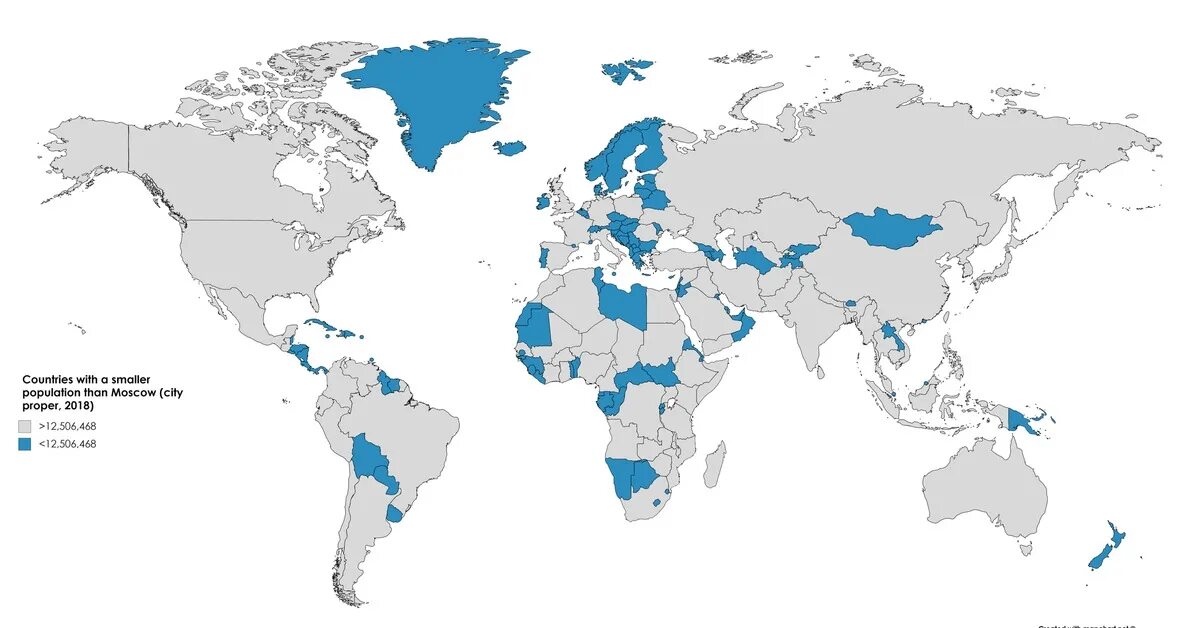 Страна меньше москвы. Карта с наименьшим населением.