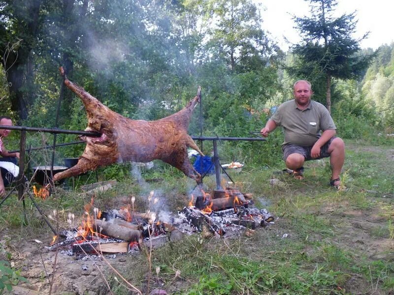 Жарка лося. Жареный баран на вертеле. Шашлык на костре. Шашлык баран на верет еле.