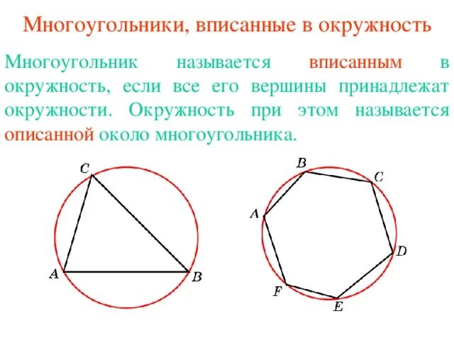 Определение описанного многоугольника. Многоугольник описанный около окружности. Окружность описанная вокруг многоугольника теория. Окружность вписанная в многоугольник. Вписанный и описанный многоугольник в окружность.