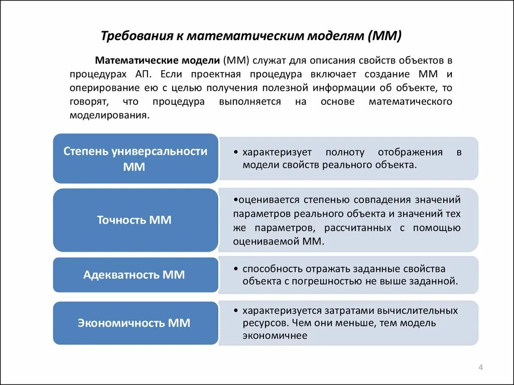 Основные требования к модели. Требования предъявляемые к математическим моделям. Математическая модель САПР. Свойства математических моделей. Требования к математическому обеспечению системы.