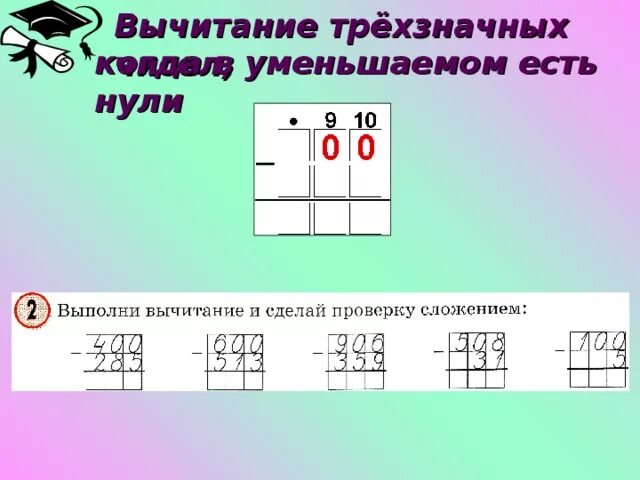 Сложение трехзначных чисел через разряд. Вычитание в столбик трехзначных чисел. Сложение трехзначных чисел. Вычитание из трехзначного числа столбиком. Вычитание из трехзначного числа с нулями.