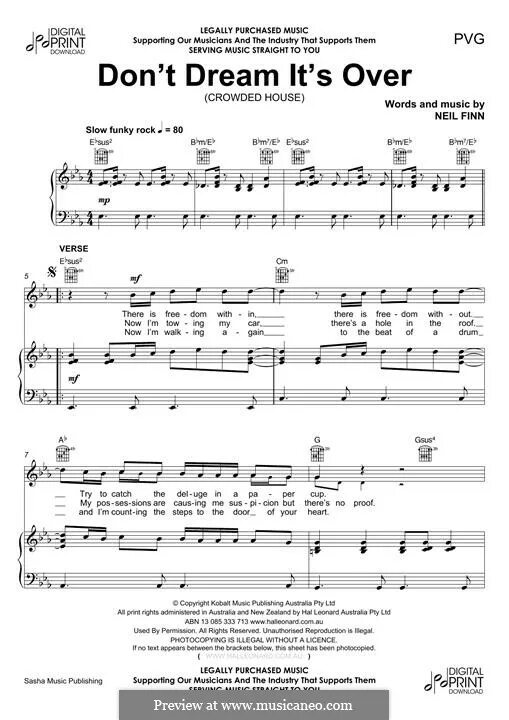 Crowded house don t dream it s. Don't Dream it's over. Ноты it's over. Ноты over and over. Crowded House don't Dream its over.