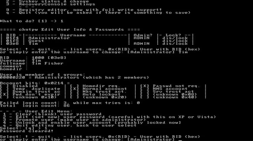 0.1X reset пользовательский. Offline NT password and Registry Editor.