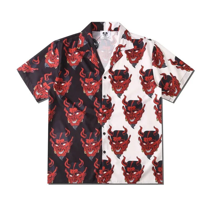 Рубашка с принтом купить. Harajuku Devil Print рубашка. Harajuku Devil Print рубашка мужская. Рубашка с принтом дьявола. Гавайская рубашка принт.