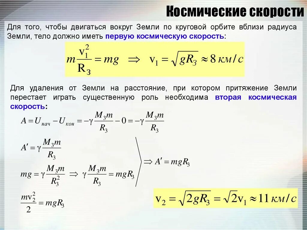 Какое выражение определяет значение скорости. Формулы расчета космических скоростей. первая космическая скорость земли. первая вторая и третья космические скорости. первая космическая скорость определяется по формуле.