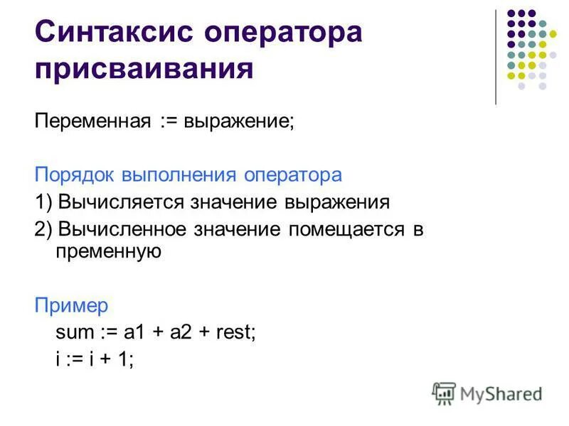 Порядок выполнения оператора присваивания. Синтаксис оператора присваивания. приведите синтаксис оператора присваивания. оператор присваивания в паскале. переменные, выражения, присваивания.