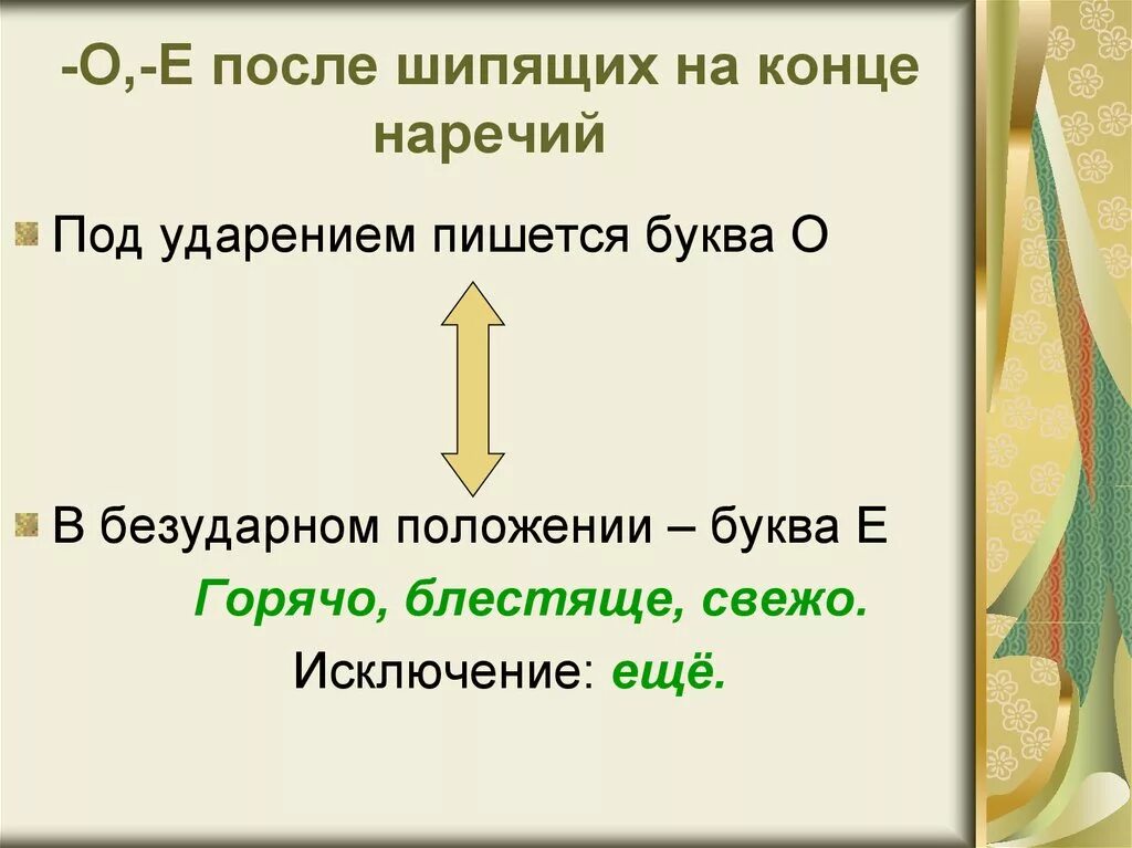 Правописание о-ё после шипящих в окончаниях наречий. О Е Ё после шипящих на конце наречий. Правописание наречий о е после шипящих. О И Е на конце наречий 7 класс.