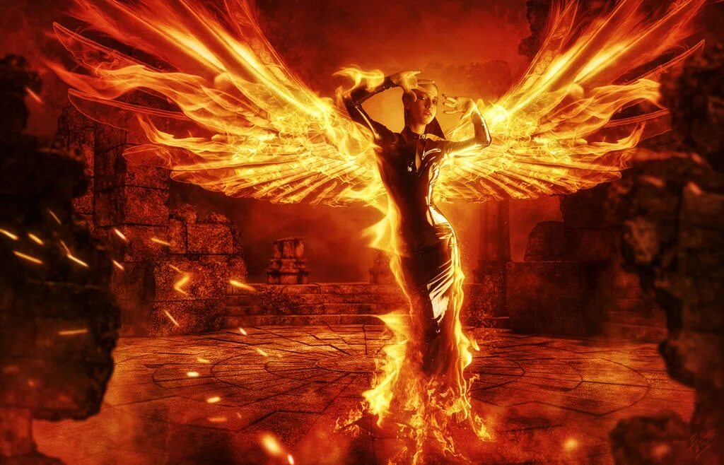 Феникс Восставший из пепла. Девушка с огненными крыльями. Огненный. Человек с огненными крыльями.