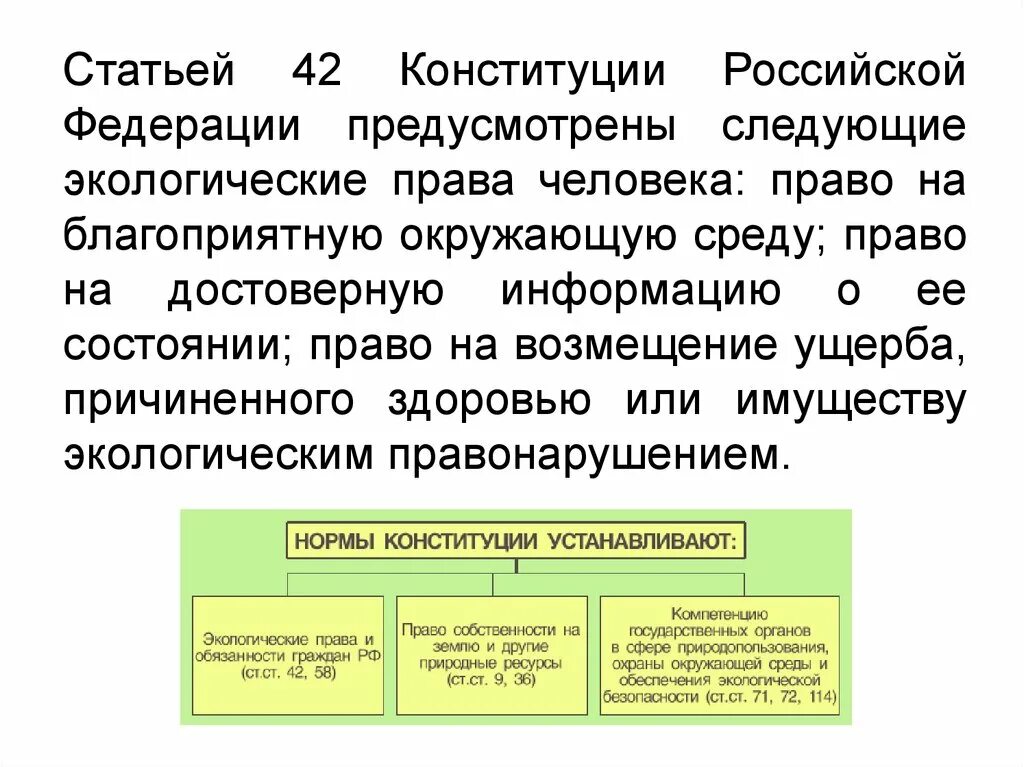 В российской федерации предусмотрено следующее разделение. Экологическое право Конституция. Конституционное право на окружающую среду.