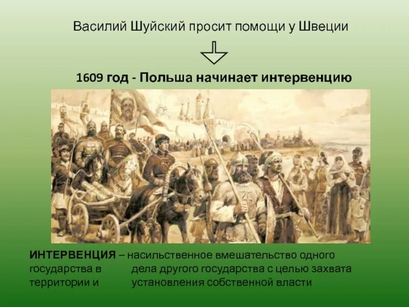 Насильственный захват территорий. Начало польской интервенции 1609. Интервенция Швеции и Польши 1609 год фото. Помощь Шведов Шуйскому.