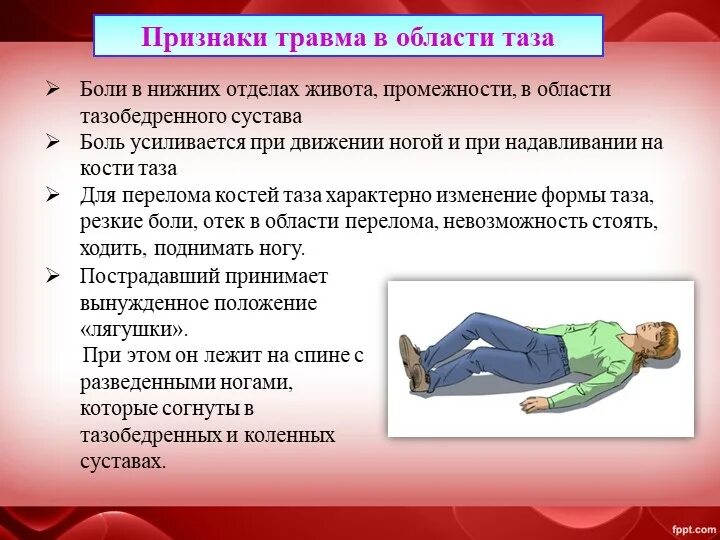 Какие обезболивающие можно при переломе. Симптомы травмы тазовой области. Симптоматика повреждений костей таза. Травма в области таза симптомы.