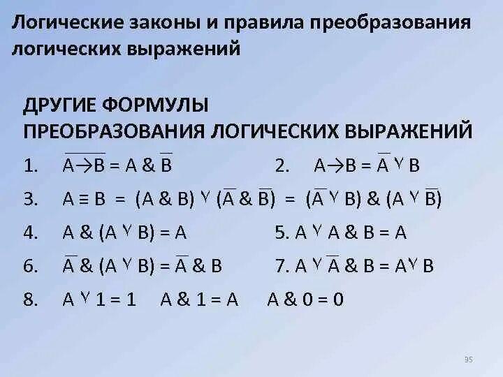 Система логических выражений. Законы алгебры логики преобразование импликации. алгебра логики преобразование логических выражений. алгебра логики импликация формула. формулы преобразования алгебры логики.