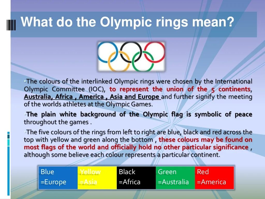 What are the Olympic games. Olympic Rings meaning. The Five Olympic represent the Five. What Color are the Olympic Rings?.