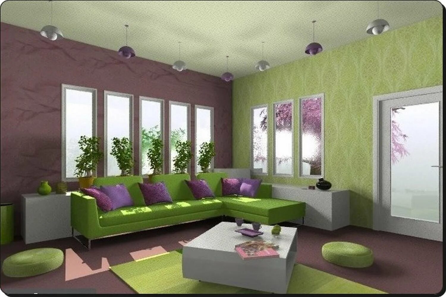 Фиолетовый цвет в интерьере. Яркий интерьер кухни. Яркая кухня. Салатовый с фиолетовым. Контрастные цвета в интерьере.