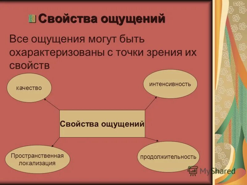 Ощущения страны. Свойства ощущений. Свойства ощущений качество. Свойства ощущений примеры. Свойства ощущений интенсивность пример.