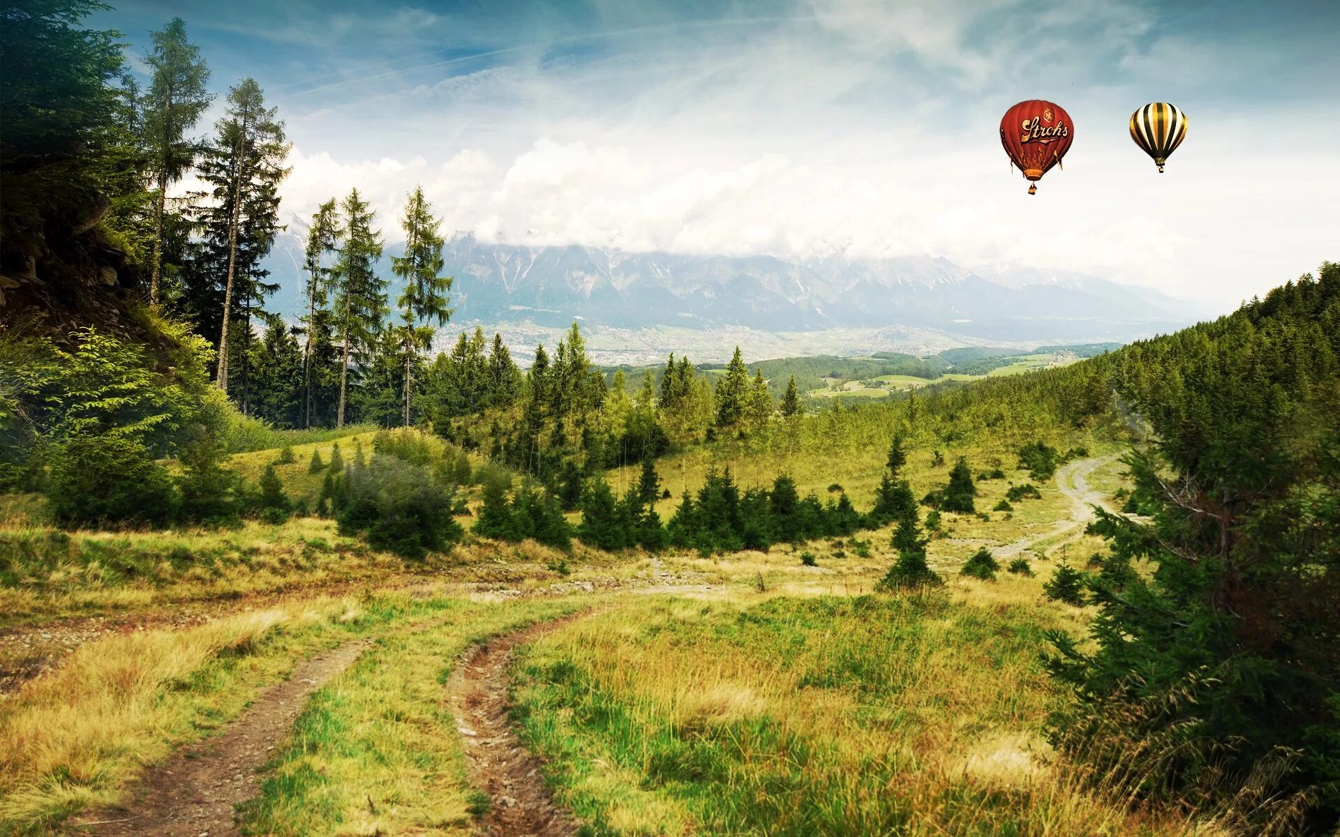 Воздушный шар на дороге. Лес горы. Лес перспектива. Перспектива природа. Путешествие пейзаж.