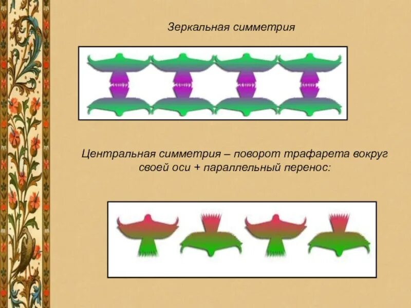 Поворот симметрия. Центральная симметрия поворот. Зеркальная симметрия в орнаменте. Параллельный перенос симметрия. Поворот центральная симметрия