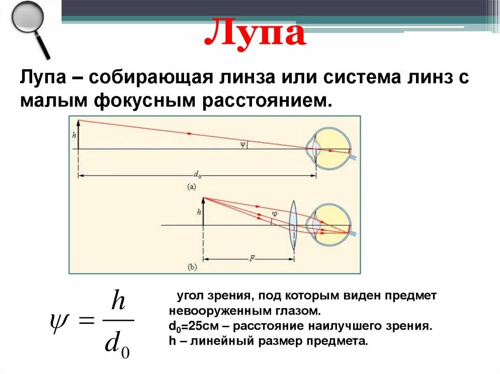 Собирающая линза в качестве лупы дает. Оптическая схема лупы физика. Оптический прибор лупа физика схема. Ход лучей в лупе чертеж. Ход лучей в оптических приборах.