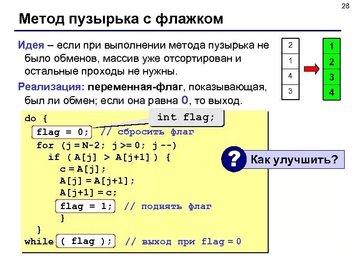 Напишите вариант метода пузырька который заканчивает работу