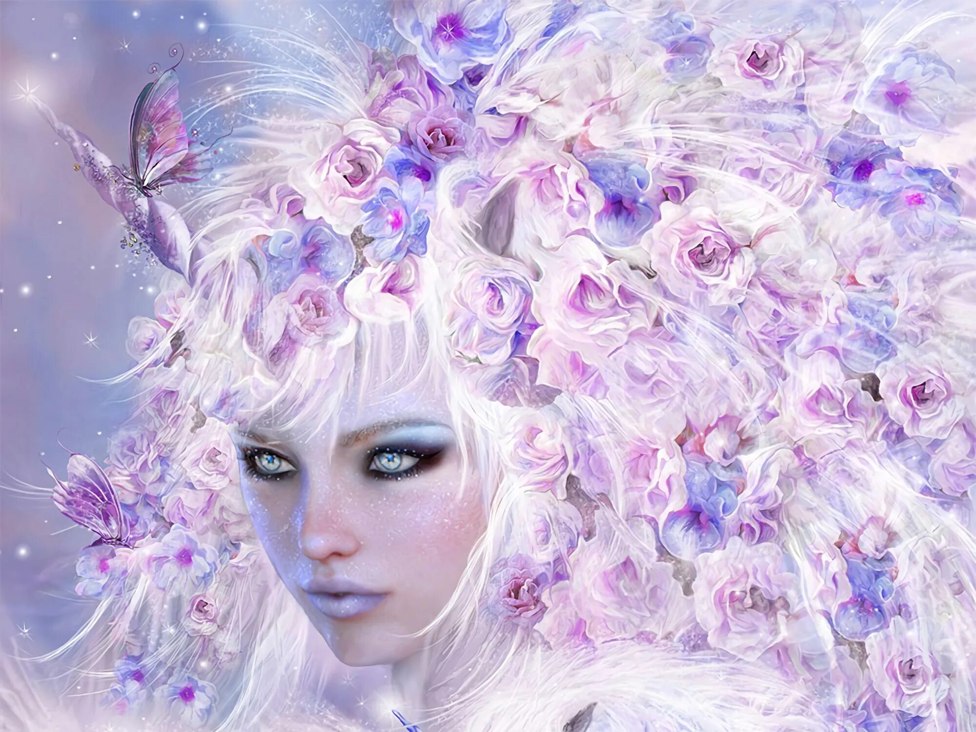Лиловая фантазия. Фото феи. Девушка с цветами фэнтези. Богиня в розовом.