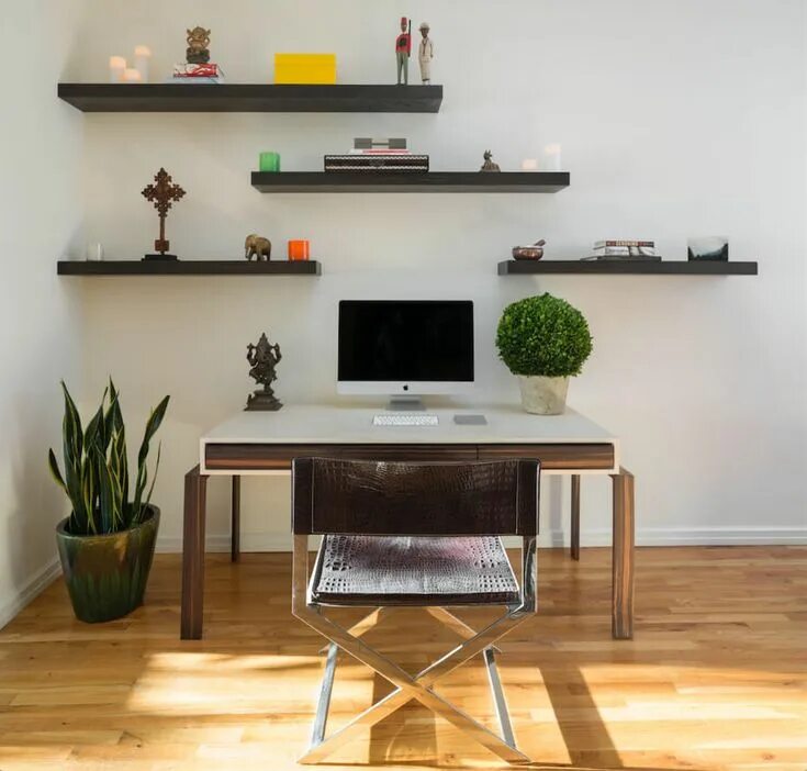 Above the desk built-in shelving organizes the home office. Home, Built in desk,