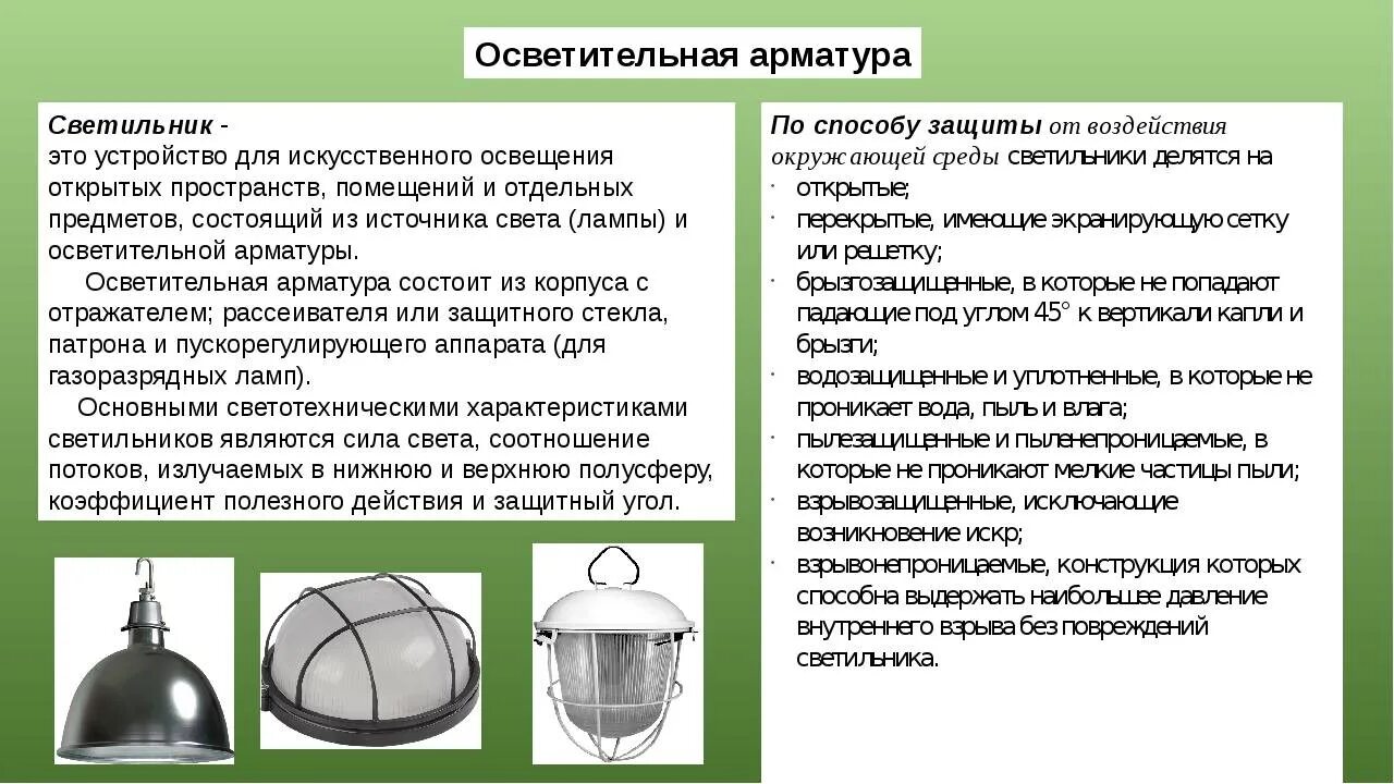 Устройства освещения применяемые для