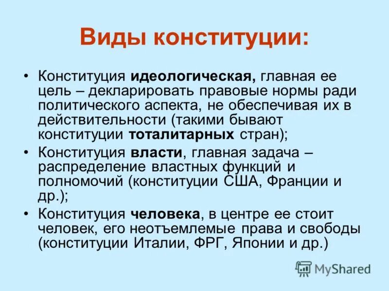 Идеологическая Конституция. Виды конституций. Виды Конституции идеологическая. Виды Конституции власти. Конституция народ есть власть