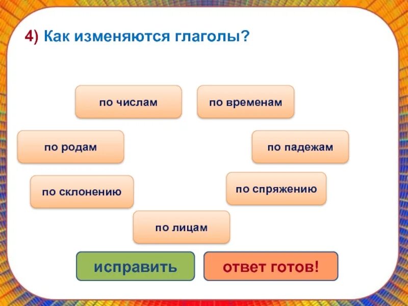 Тот изменяется по родам и падежам. Глаголы изменяются по падежам. глаголы изменяются по родам числам и падежам. глаголы изменяются по числам лицам и падежам. глаголы изменяются по лицам и падежам.
