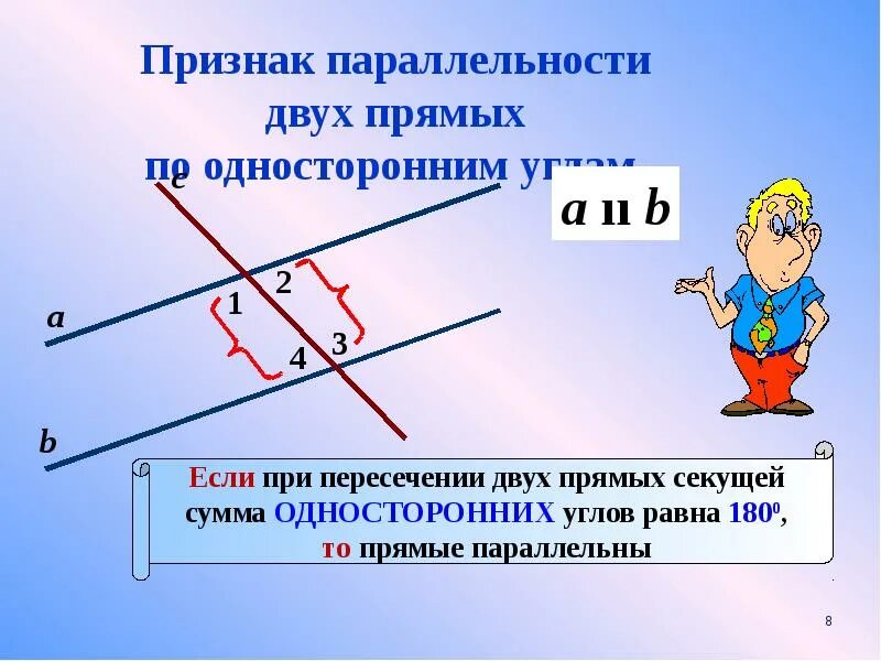 Признак параллельности прямых по односторонним углам. Признаки параллельности двух прямых. Признак параллельности двух прямых по односторонним углам. Признак параллельности прямых односторонние углы