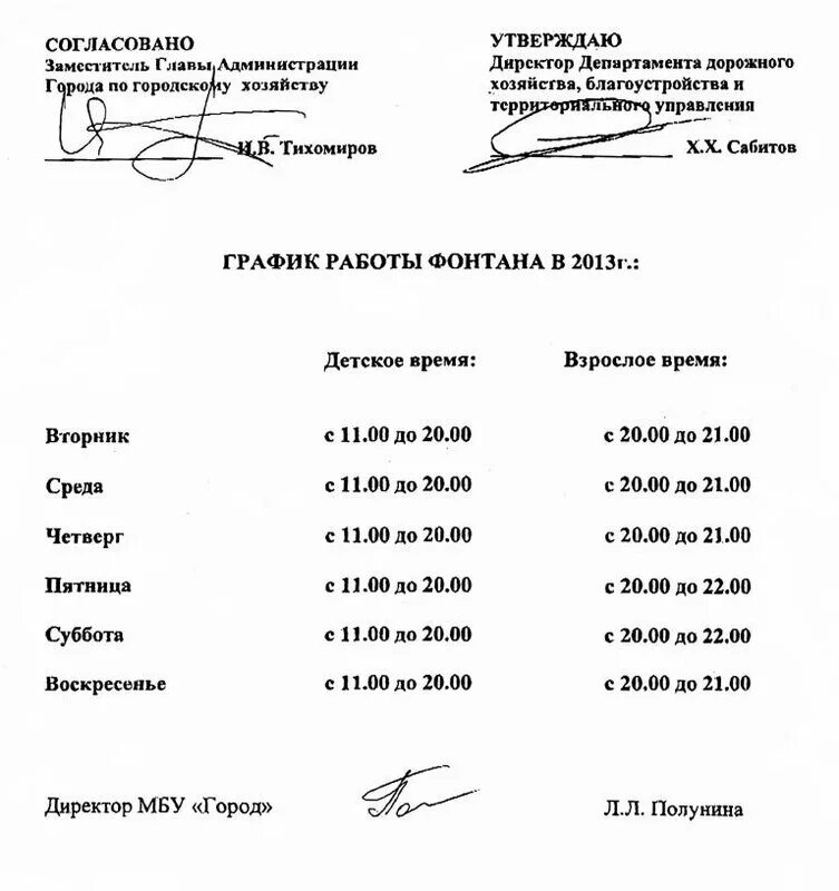 Г дзержинск расписание. Режим работы фонтана. График работы фонтана Череповец. Расписание работы фонтана в Калининграде. График работы директора.