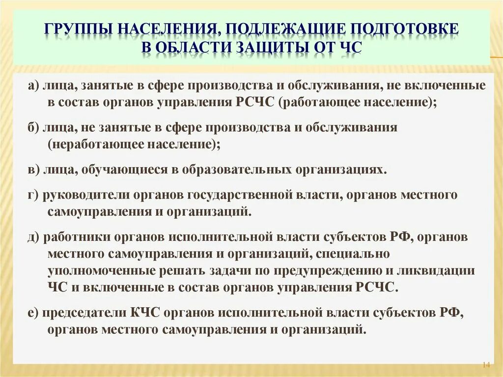 Какие из перечисленных категорий физических лиц подлежат. Группы населения подлежащие подготовке в области защиты от ЧС. Группы лиц подлежащие обучению в области защиты населения от ЧС. Подготовке в области защиты от чрезвычайных ситуаций подлежат:. Подготовка населения.