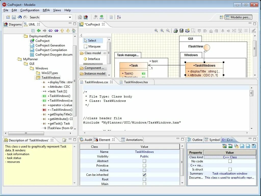 Operator value. Modelio. Reverse Engineering c++. TASKWINDOW.