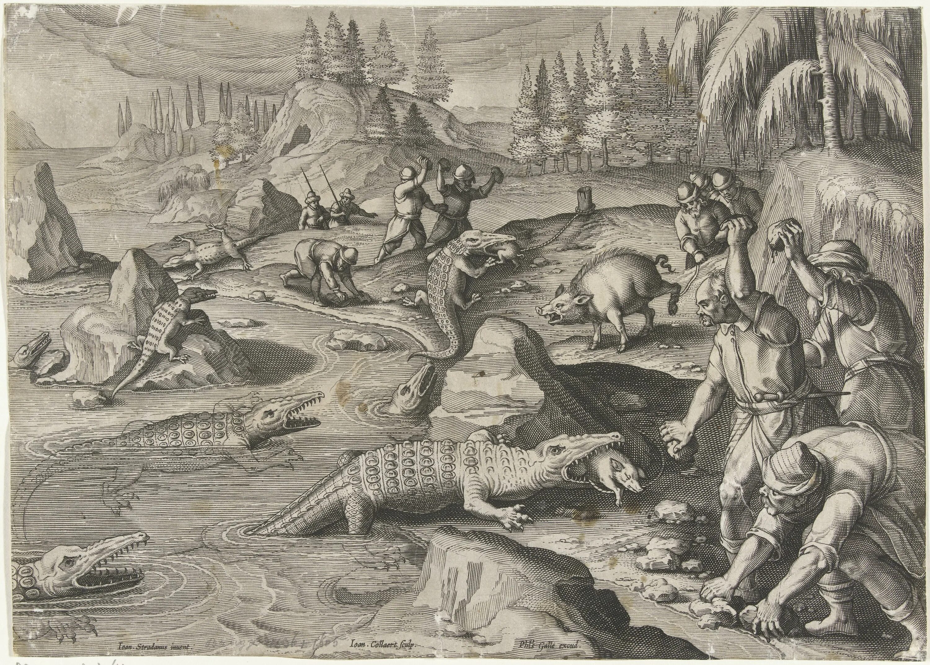 Гравюра охота на крокодилов на Волге. Нашествие крокодилов в Пскове в 1582 году. Охота на крокодилов со спиннингом на средней Волге.