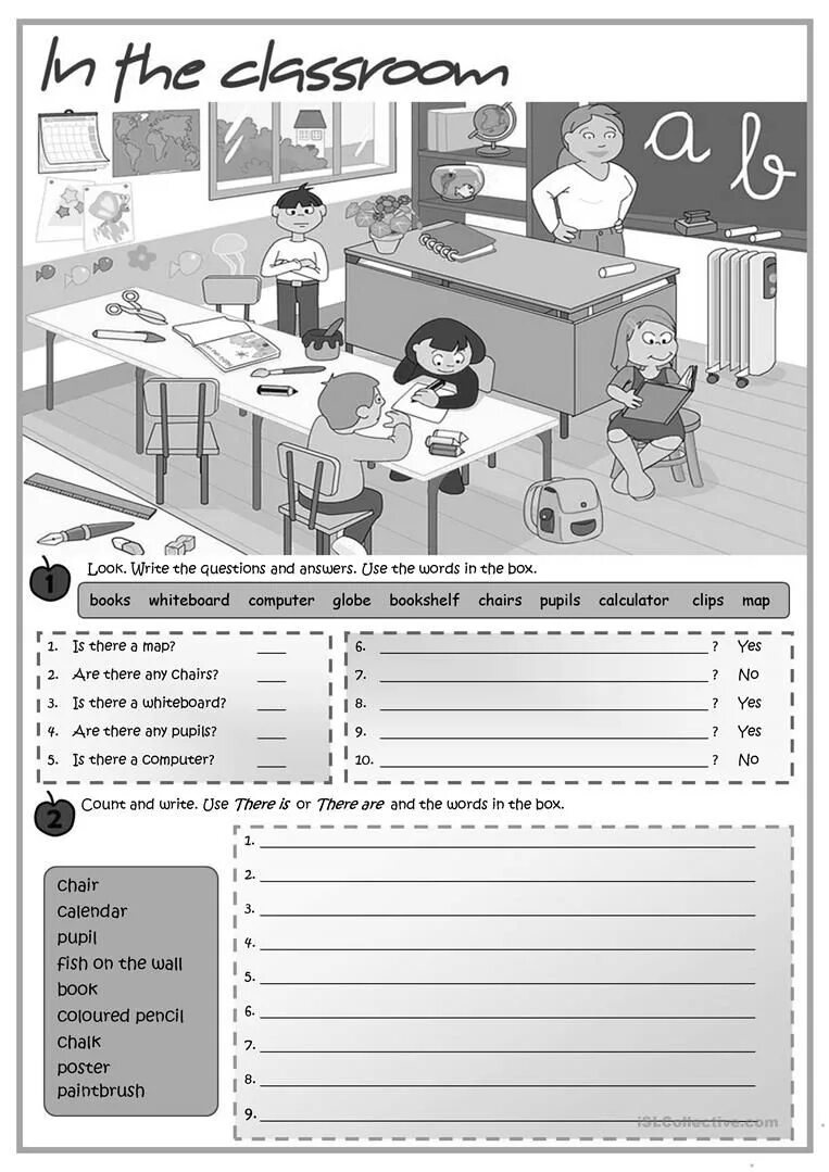 Look at the picture in exercise. There is there are classroom worksheets. there is there are classroom objects. there is there are school. there is there are in the classroom worksheets for kids.