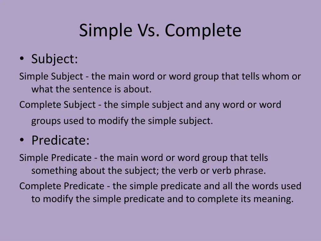 Simple definition. Simple predicate. what is a predicate. subject and predicate. types of predicate in english.
