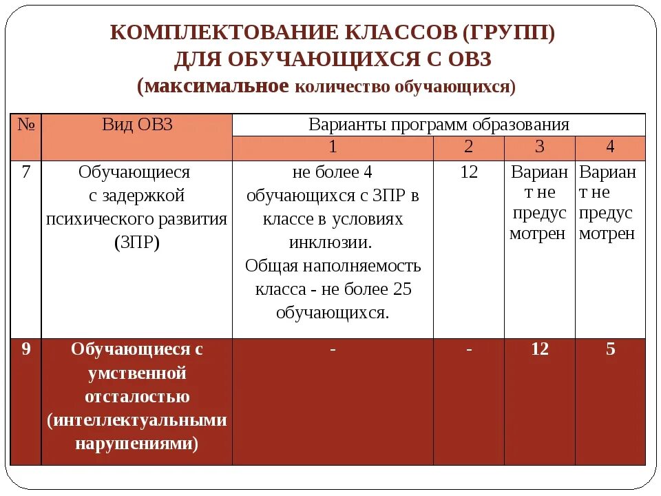 Сроки комплектования. Количество детей в классах ОВЗ. Продолжительность урока у детей с ОВЗ. Образовательные программы таблица. Нормы образования в школе.