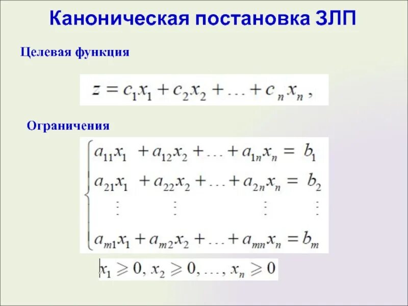 Целевая функция задачи линейного программирования. Постановка задачи линейного программирования. каноническая задача линейного программирования. каноническая форма злп. постановка злп.