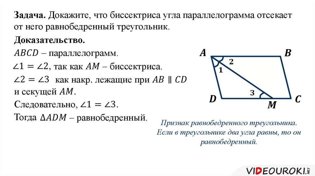 Биссектриса проведенная из вершины параллелограмма. Теорема о биссектрисе параллелограмма. Доказательство биссектрисы параллелограмма. Свойства биссектрисы параллелограмма. Свойство биссектрисы угла параллелограмма.