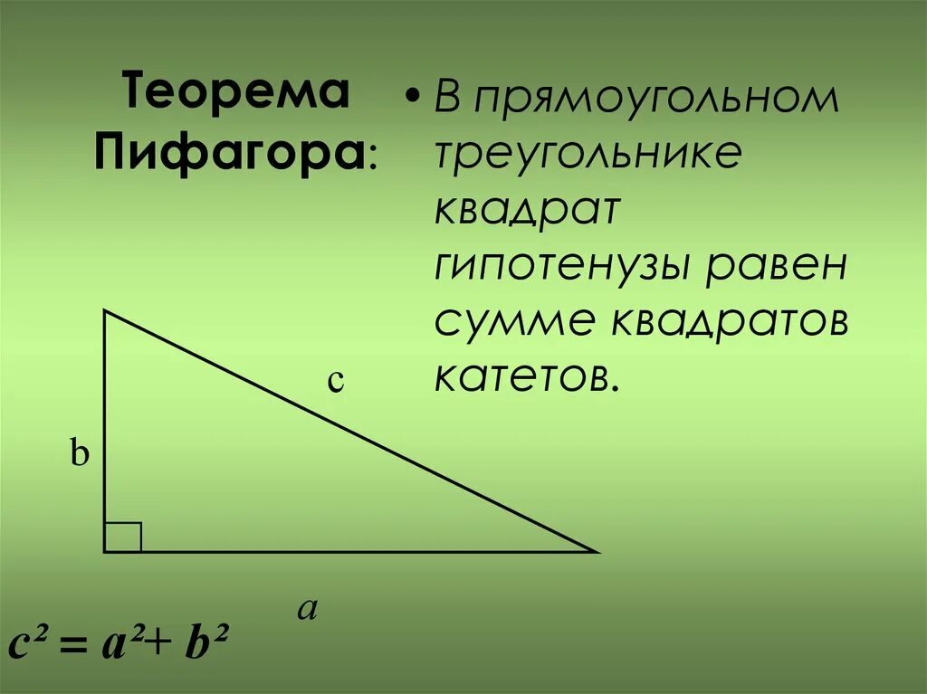 Прямоугольный треугольник. Теорема Пифагора для прямоугольного треугольника. Теорема Пифагора для катета. Теорема Пифагора квадрат гипотенузы равен.