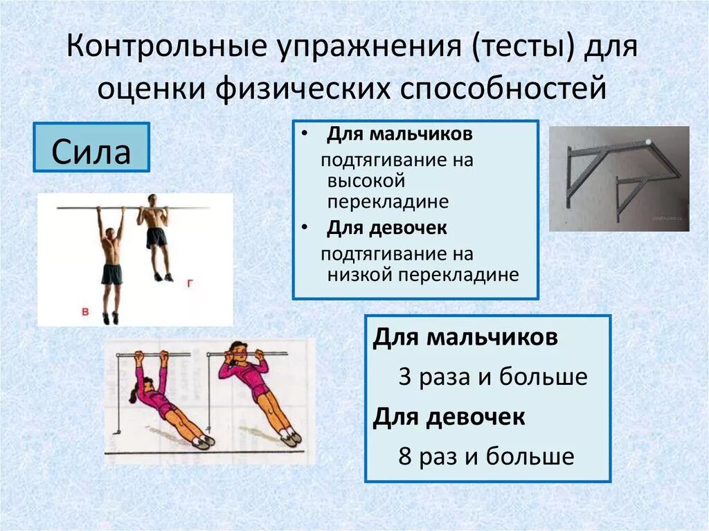 Развитие физических качеств средствами гимнастики. Упражнения на физические качества. Физические качества сила упражнения. Контрольные упражнения для развития физического качества сила. Подтягивание на высокой и низкой перекладине.