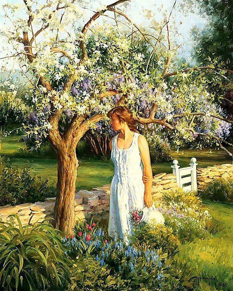 сирень жасмин черемуха. винсенто ромеро редондо. девушка в саду. стихи про сирень. девушка в цветущем саду.