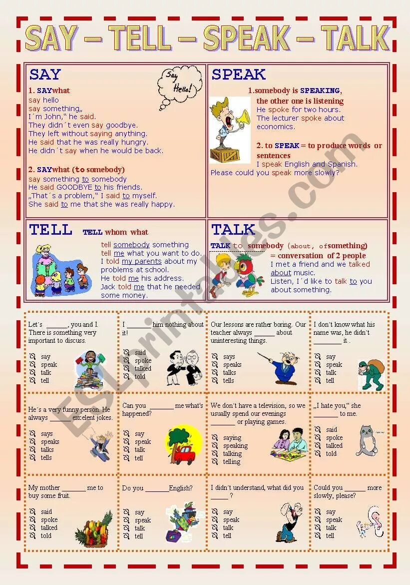 Said употребление. Разница между say tell speak talk. Speak talk упражнения. Say tell speak talk упражнения. Say tell speak talk Worksheets.